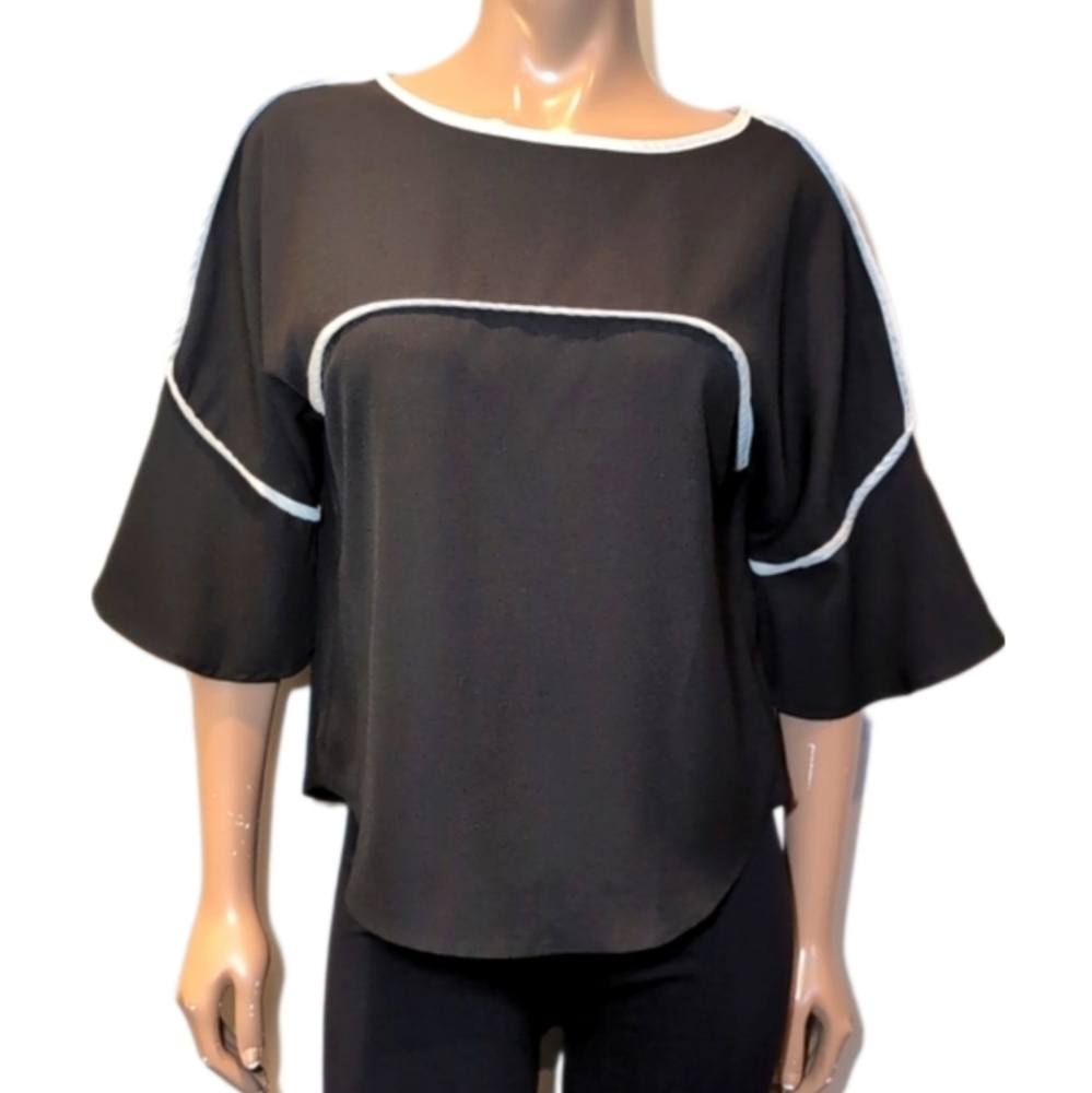 Mimi Fashion Japan Bell Sleeve Top Black White Contrast Trim Blouse - Fits Large
